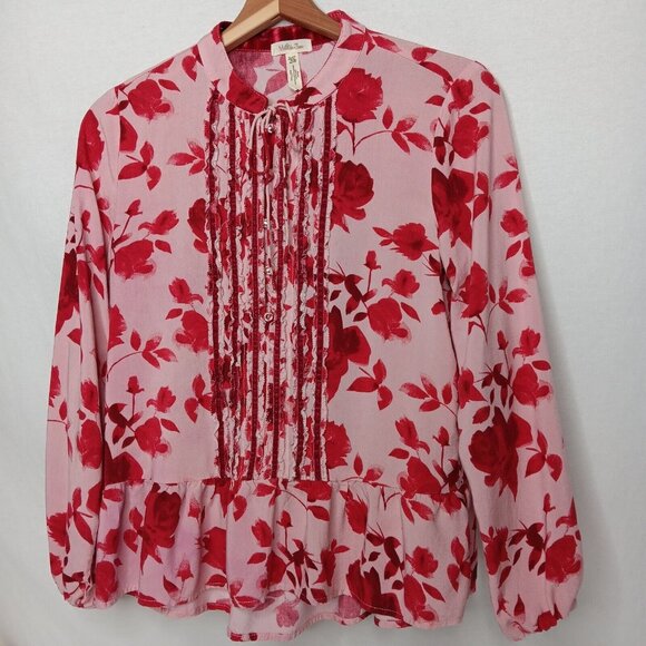Matilda Jane XS Blouse Pink Floral Rayon Button Up Tie Neck Ruffled Long Sleeve - Picture 1 of 12